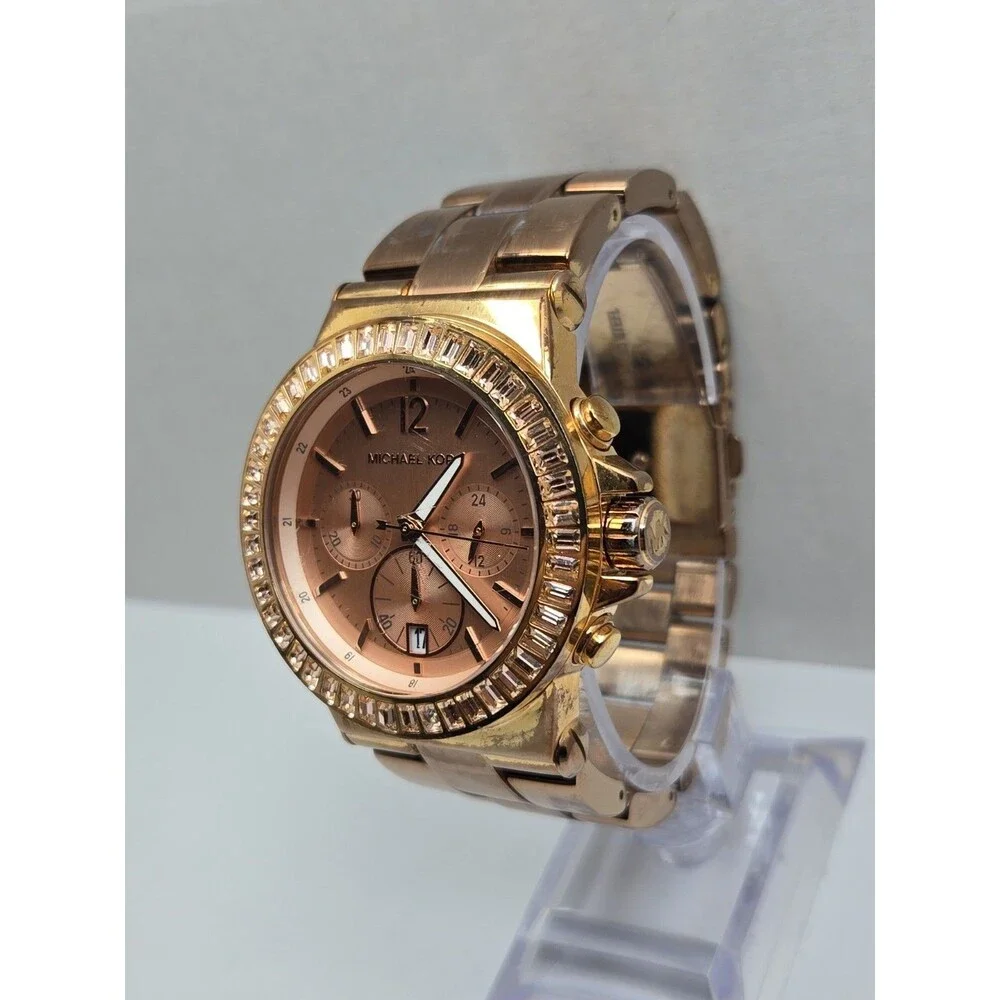 Michael Kors Dylan Womens Rose Gold Baguette Bezel Chronograph Watch New Battery